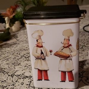 Chef Themed Tin Canister with attached lid.